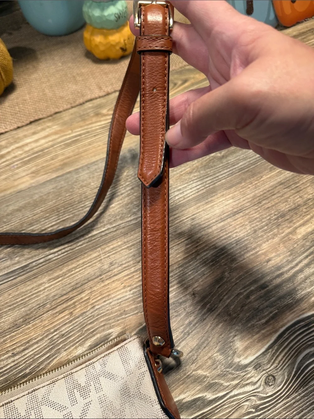Michael Kors Vanilla Signature Canvas Crossbody with Brown Leather Trim